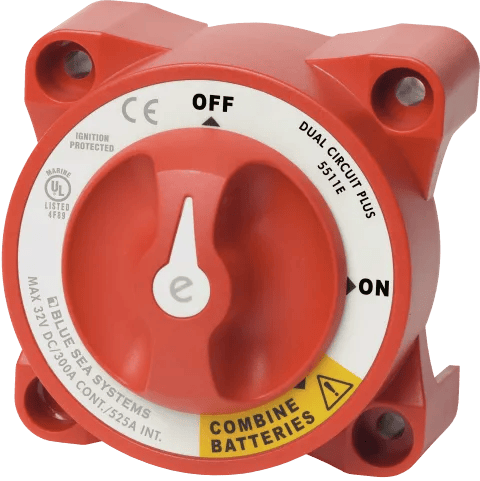 Red e-Series Dual Circuit Plus battery switch face showing OFF, ON and Combine Batteries selector positions