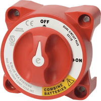Red e-Series Dual Circuit Plus battery switch face showing OFF, ON and Combine Batteries selector positions