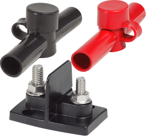 Dual power post terminal base with 5/16 and 3/8 inch studs and protective red and black insulators