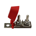 Dual MRBF terminal fuse block with two M8 studs and red protective cover open