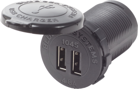 Black dual USB charger socket with 4.8A total output and protective flip cap