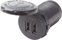 Black dual USB charger socket with 4.8A total output and protective flip cap