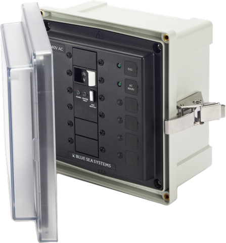Blue Sea 240V 50A ELCI main electrical panel in a grey weatherproof enclosure with a clear hinged door