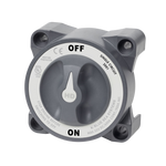 Grey heavy-duty battery switch selector in OFF position with high amperage safety labels