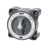 Grey heavy-duty battery switch selector in OFF position with high amperage safety labels