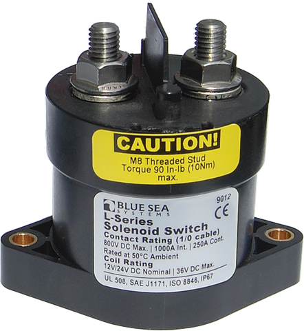 Blue Sea L-Series 450A solenoid switch with dual M8 threaded terminals and IP67 rated enclosure