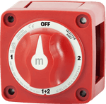 Front view of red Blue Sea m-Series 4-position battery selector switch with rotary knob pointing to OFF position