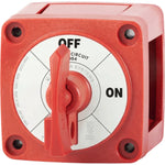 Red 300A single circuit battery switch with lockable rotary knob and clear status labels