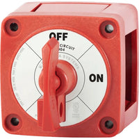 Red 300A single circuit battery switch with lockable rotary knob and clear status labels
