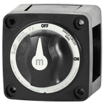 Front view of black battery switch with rotary knob in OFF position, showing ignition protected and single circuit text