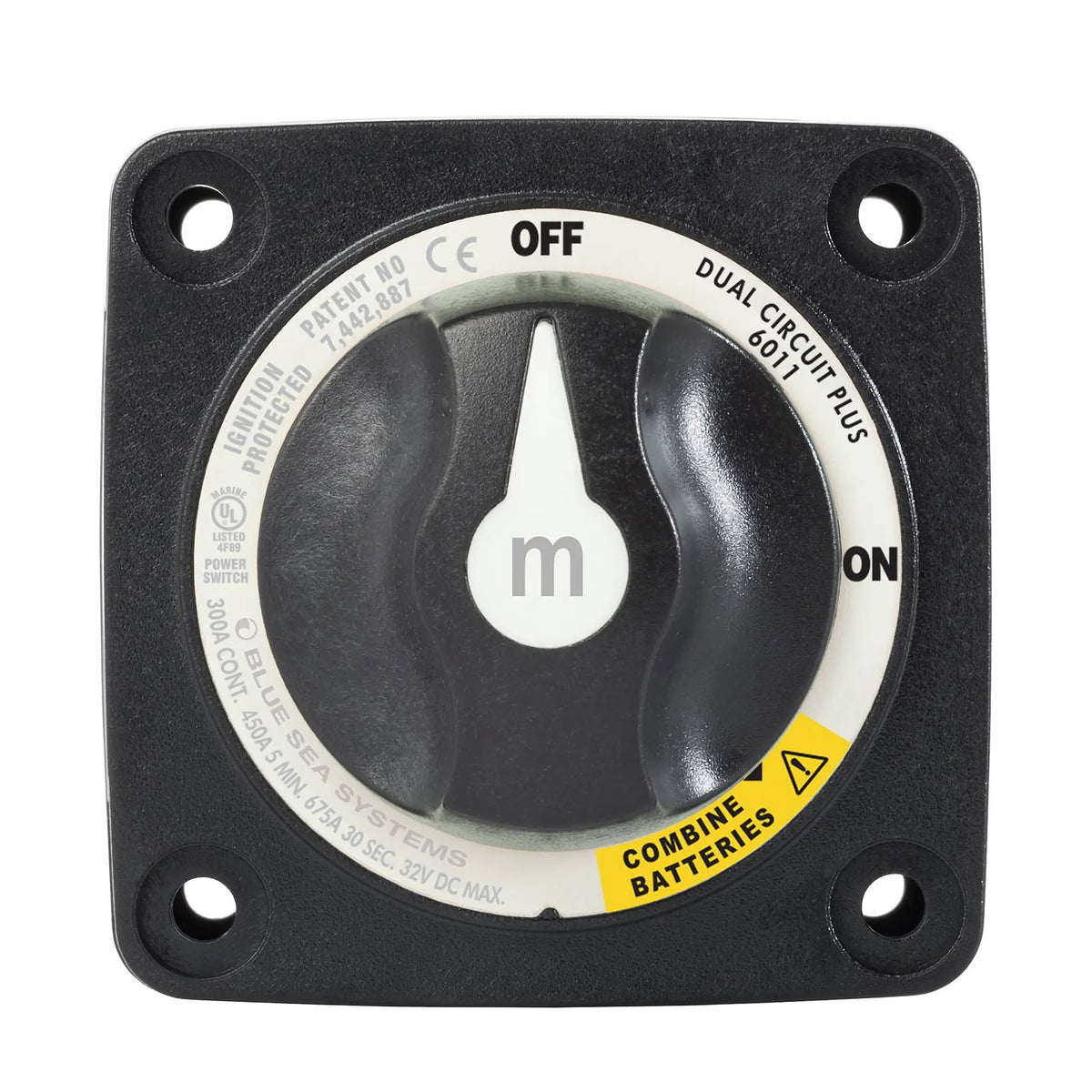Front view of black 300A dual circuit battery switch with white knob showing Off, On, and Combine positions