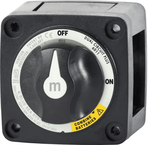 Front view of Blue Sea m-Series Dual Circuit Plus battery switch showing OFF, ON and Combine positions