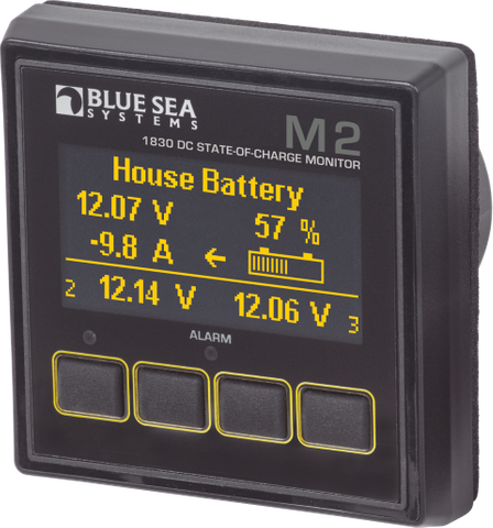 Blue Sea M2 OLED DC multimeter displaying voltage, current, and state-of-charge on a high-contrast screen