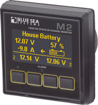 Blue Sea M2 OLED DC multimeter displaying voltage, current, and state-of-charge on a high-contrast screen
