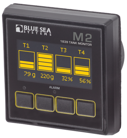 Blue Sea M2 digital tank monitor with OLED display showing levels for four tanks