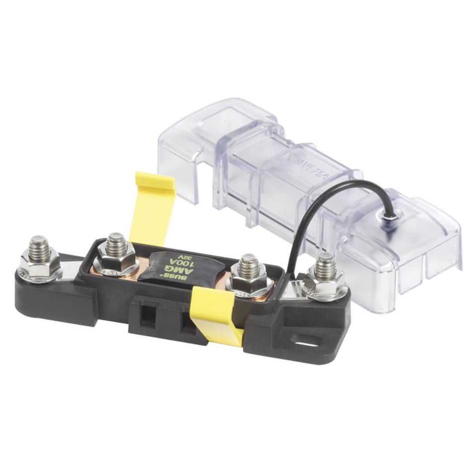 Blue Sea MEGA and AMG fuse block with transparent cover and M8 stainless steel terminal studs