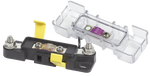 Blue Sea MIDI fuse block with transparent safety cover removed showing 200A fuse and stainless steel terminal studs