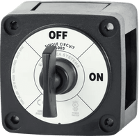 Front view of Blue Sea 6005 m-Series battery switch showing black housing, rotary knob and amperage ratings