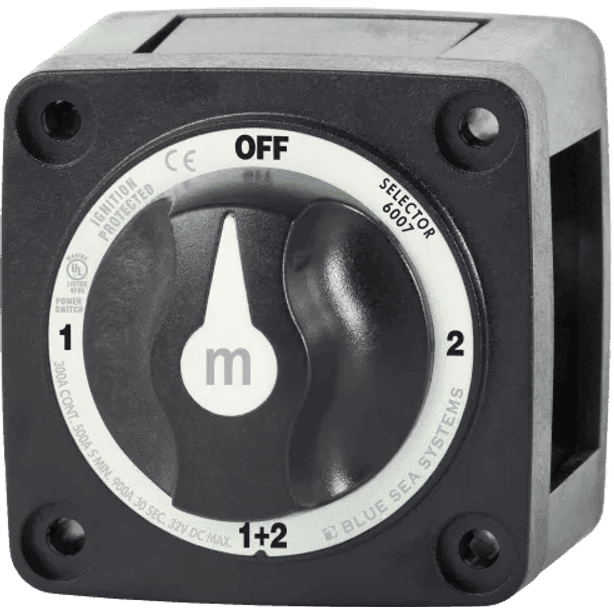 Black 4-position battery selector switch with OFF, 1, 2, and 1+2 settings