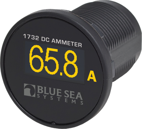 Blue Sea Mini OLED ammeter showing a 65.8 Amp reading on a high-contrast display