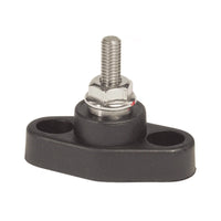 Mini power post connector with stainless steel 10-32 stud on black reinforced thermoplastic base