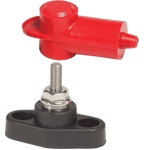Red insulating cover hovering above black PowerPost base with 10-32 threaded stud and mounting holes
