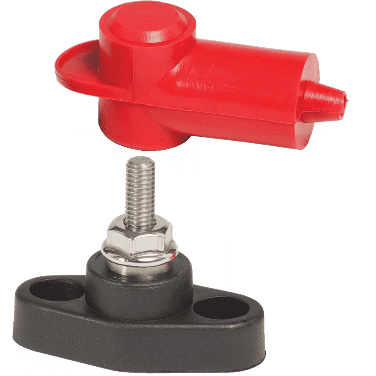 Red insulating cover hovering above black PowerPost base with 10-32 threaded stud and mounting holes