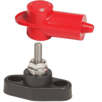 Red insulating cover hovering above black PowerPost base with 10-32 threaded stud and mounting holes