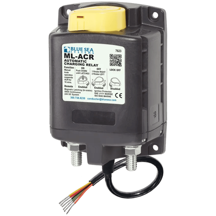 Blue Sea ML-ACR 24V 500A automatic charging relay with yellow manual control knob and tinned studs