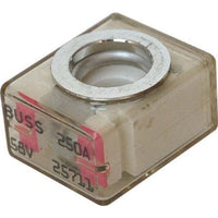 Close-up of Blue Sea Systems MRBF terminal fuse showing 250A and 58V markings on clear housing