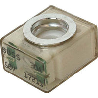 Blue Sea MRBF fuse 30A with clear casing and silver ring terminal, displaying green 58V and 30A text