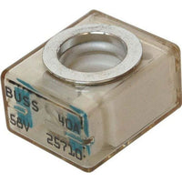 Close-up of clear cubic 40A MRBF fuse showing silver ring terminal and 58V rating