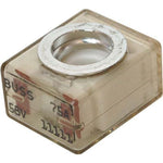 Close-up angled view of 75A marine battery terminal fuse with clear casing and 58V markings