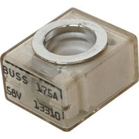 Close-up of Blue Sea MRBF fuse with clear housing and silver ring terminal marked BUSS 175A and 58V