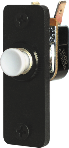 Blue Sea OFF-(ON) AC/DC push-button switch with white button on black mounting plate