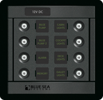 Front view of an 8-position Blue Sea Panel 360 circuit protection panel with push-to-reset breakers and labels