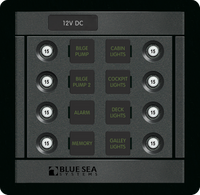 Front view of an 8-position Blue Sea Panel 360 circuit protection panel with push-to-reset breakers and labels