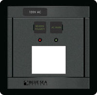 Front view of Blue Sea Panel 360 DIN mount blank with AC Main and Reverse Polarity indicators