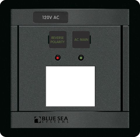 Front view of Blue Sea Panel 360 DIN mount blank with AC Main and Reverse Polarity indicators