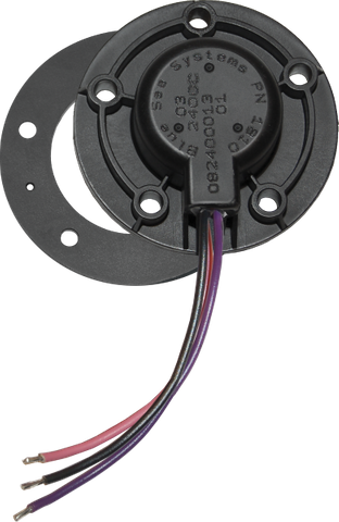 Blue Sea ultrasonic petrol tank sender with 5-hole mounting pattern, sealing gasket and three-wire harness