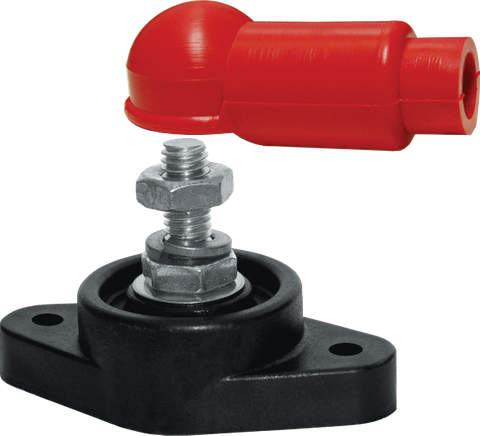 Single 1/4 inch stainless steel power post with red insulator boot and black PBT base