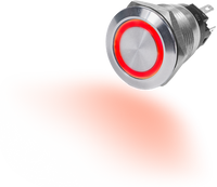 Stainless steel push button switch with red LED ring illumination and rear spade terminals