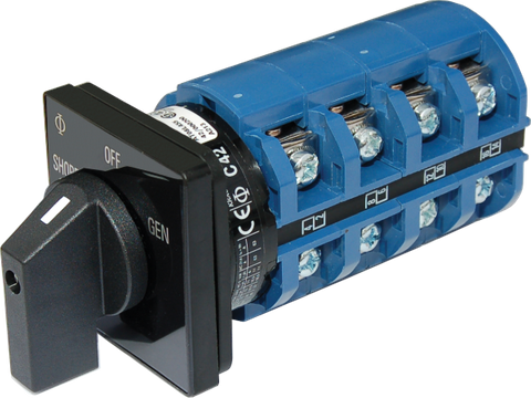 Blue Sea 65A 2-pole rotary AC source selector switch showing front dial and side terminal blocks