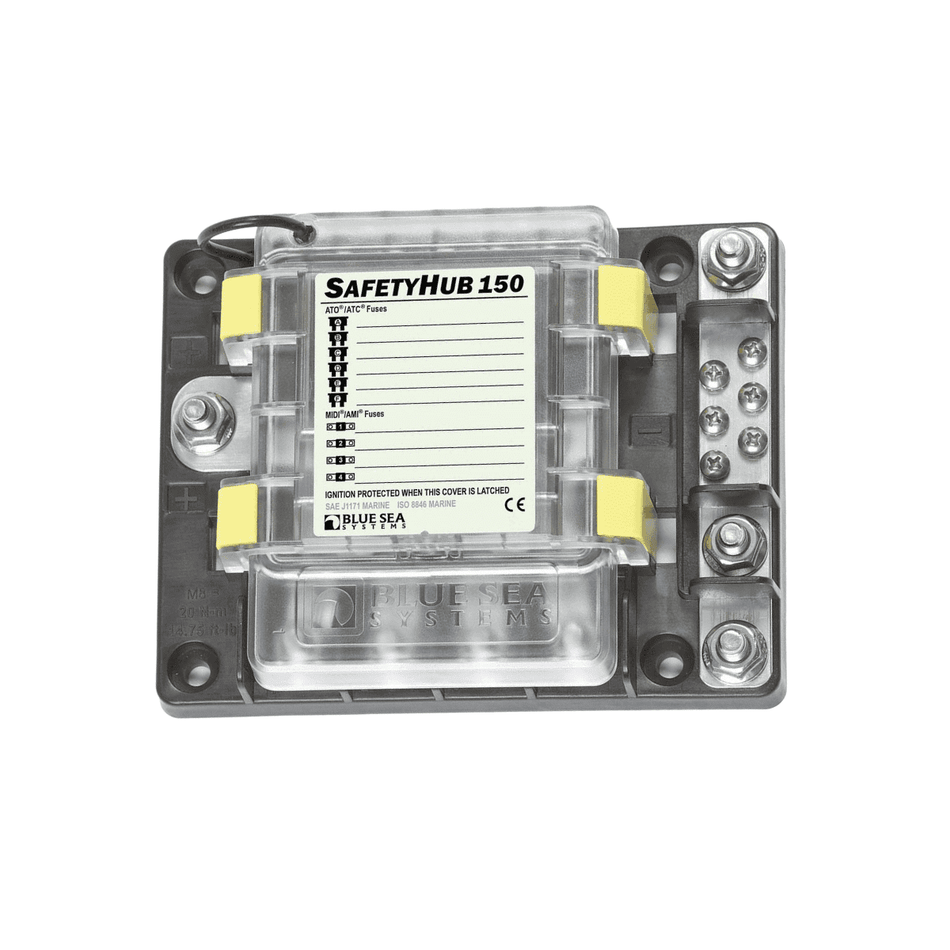 Top-down view of SafetyHub 150 fuse block with clear ignition protected cover