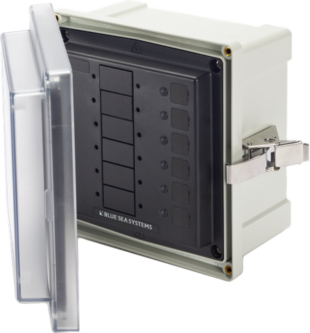 Blue Sea SMS panel 6-circuit blank electrical enclosure with clear hinged cover and stainless steel latch