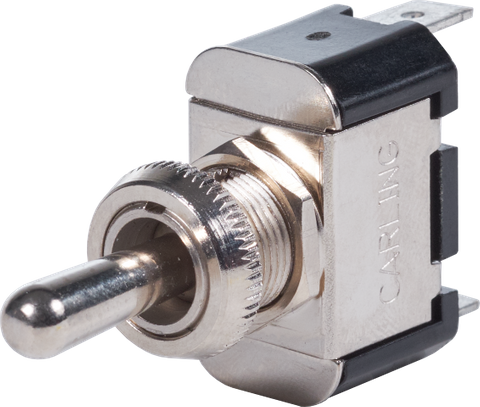 Blue Sea SPST ON-OFF-ON toggle switch with nickel-plated brass construction and spade terminals