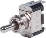 Blue Sea SPST (ON)-OFF-ON toggle switch with nickel-plated brass lever and threaded mounting neck