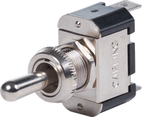 Blue Sea SPST (ON)-OFF-ON toggle switch with nickel-plated brass lever and threaded mounting neck