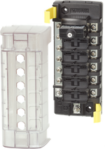 Blue Sea six-position circuit breaker block with negative bus bar and clear insulating cover