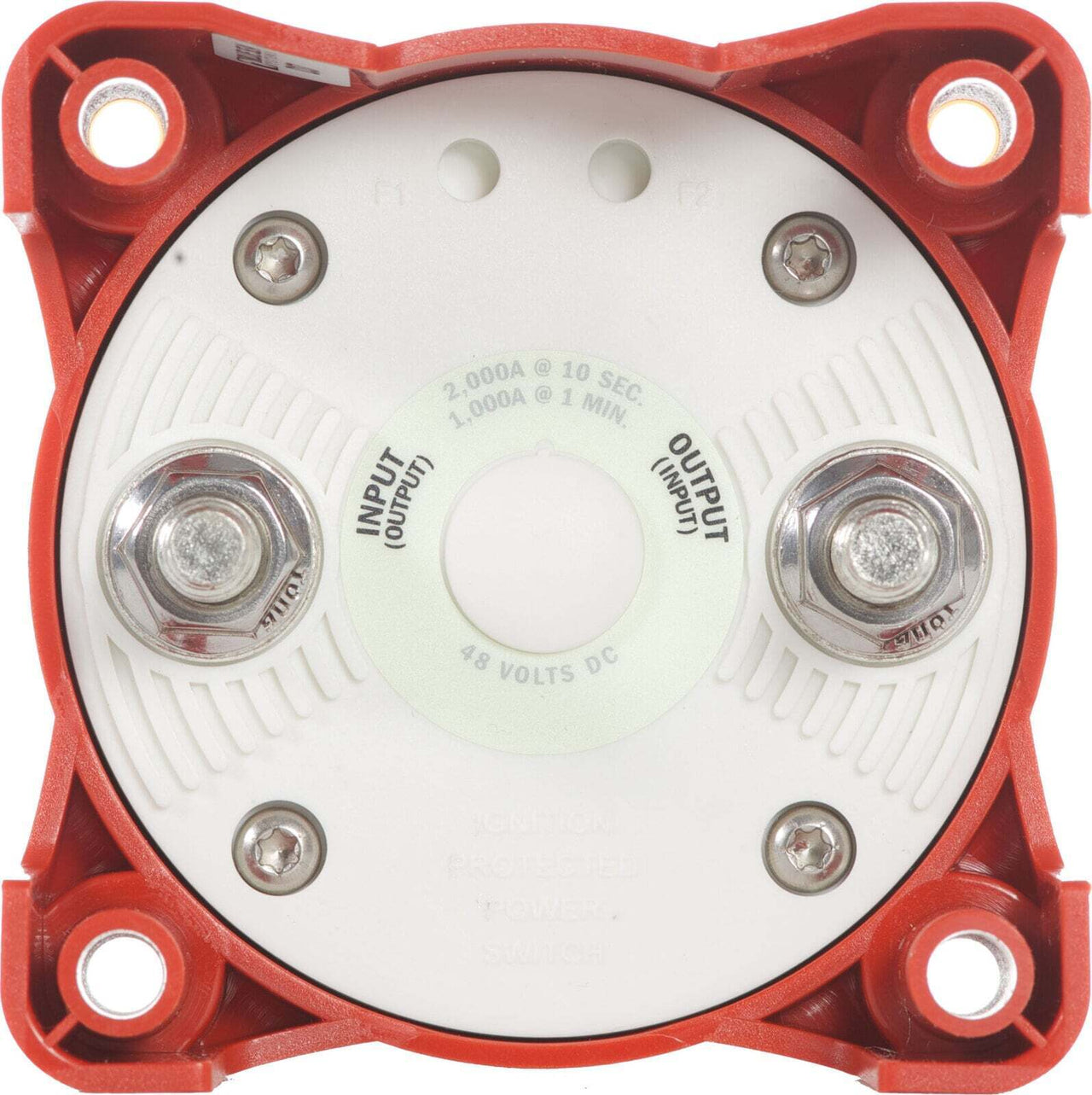 Rear view of battery switch showing tinned copper terminal studs and mounting holes